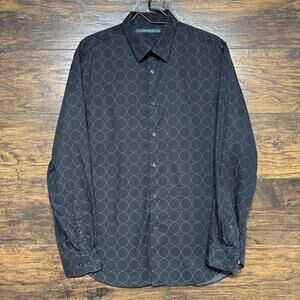 Perry Ellis Men’s Dress Shirt - Size Large Black Geometric Button Up 100% Cotton